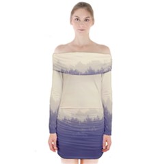 Cloudy Foggy Forest with pine trees Long Sleeve Off Shoulder Dress