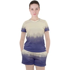 Cloudy Foggy Forest with pine trees Women s Tee and Shorts Set