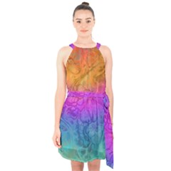 Fractal Batik Art Hippie Rainboe Colors 1 Halter Collar Waist Tie Chiffon Dress