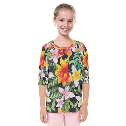 Tropical Flowers Butterflies 1 Kids  Quarter Sleeve Raglan Tee by EDDArt