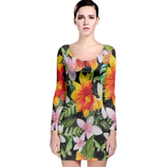 Tropical Flowers Butterflies 1 Long Sleeve Velvet Bodycon Dress by EDDArt