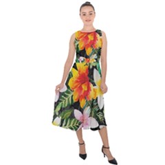 Tropical Flowers Butterflies 1 Midi Tie-back Chiffon Dress by EDDArt