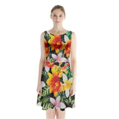 Tropical Flowers Butterflies 1 Sleeveless Waist Tie Chiffon Dress by EDDArt