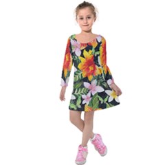 Tropical Flowers Butterflies 1 Kids  Long Sleeve Velvet Dress by EDDArt