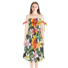 Tropical Flowers Butterflies 1 Shoulder Tie Bardot Midi Dress by EDDArt