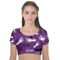 Purple Velvet Short Sleeve Crop Top 