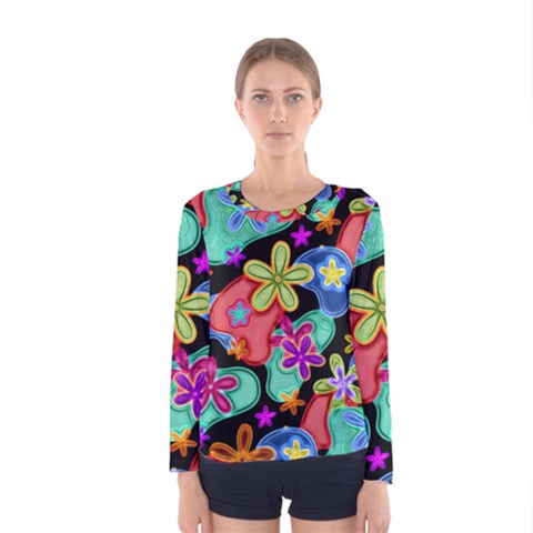 Colorful Retro Flowers Fractalius Pattern 1 Women s Long Sleeve Tee by EDDArt