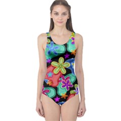 Colorful Retro Flowers Fractalius Pattern 1 One Piece Swimsuit by EDDArt