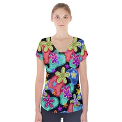 Colorful Retro Flowers Fractalius Pattern 1 Short Sleeve Front Detail Top by EDDArt