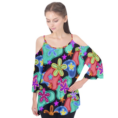 Colorful Retro Flowers Fractalius Pattern 1 Flutter Tees by EDDArt