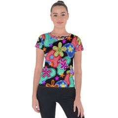 Colorful Retro Flowers Fractalius Pattern 1 Short Sleeve Sports Top  by EDDArt