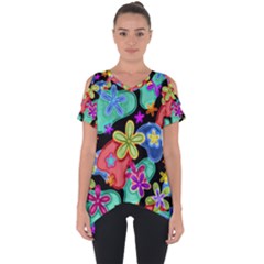 Colorful Retro Flowers Fractalius Pattern 1 Cut Out Side Drop Tee by EDDArt