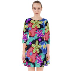 Colorful Retro Flowers Fractalius Pattern 1 Smock Dress by EDDArt