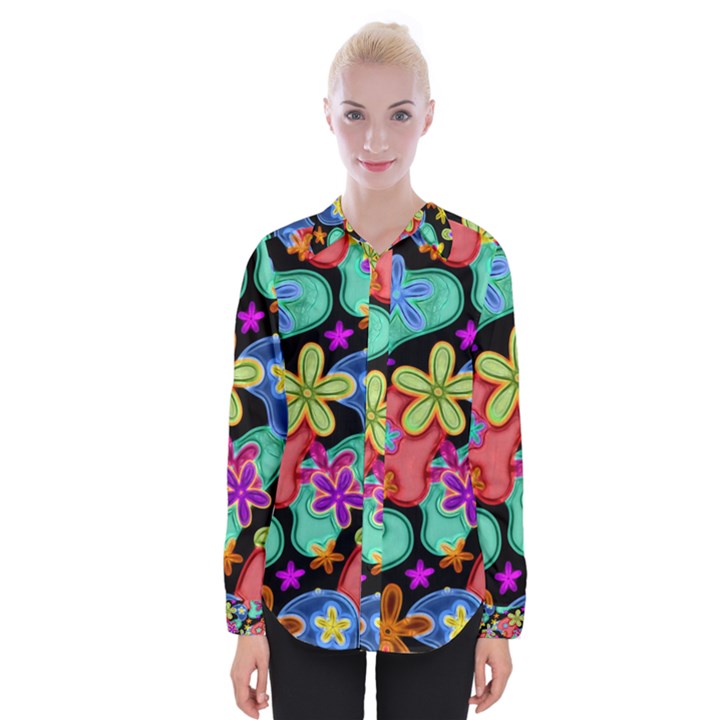 Colorful Retro Flowers Fractalius Pattern 1 Womens Long Sleeve Shirt