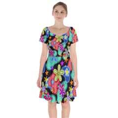 Colorful Retro Flowers Fractalius Pattern 1 Short Sleeve Bardot Dress by EDDArt