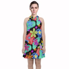 Colorful Retro Flowers Fractalius Pattern 1 Velvet Halter Neckline Dress 