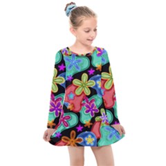 Colorful Retro Flowers Fractalius Pattern 1 Kids  Long Sleeve Dress by EDDArt