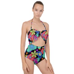 Colorful Retro Flowers Fractalius Pattern 1 Scallop Top Cut Out Swimsuit by EDDArt