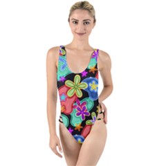 Colorful Retro Flowers Fractalius Pattern 1 High Leg Strappy Swimsuit by EDDArt