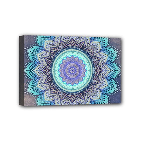 Folk Art Lotus Mandala Blue Turquoise Mini Canvas 6  X 4  by EDDArt