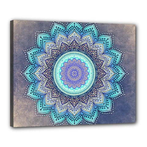 Folk Art Lotus Mandala Blue Turquoise Canvas 20  X 16  by EDDArt