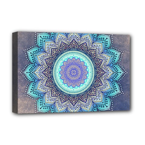 Folk Art Lotus Mandala Blue Turquoise Deluxe Canvas 18  X 12   by EDDArt