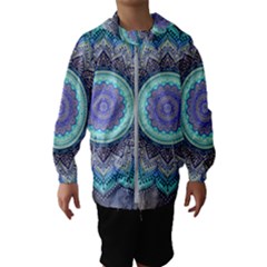 Folk Art Lotus Mandala Blue Turquoise Hooded Windbreaker (kids) by EDDArt