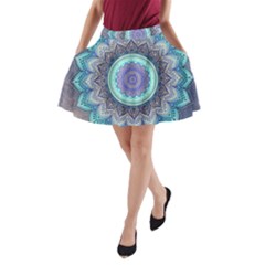 Folk Art Lotus Mandala Blue Turquoise A-line Pocket Skirt by EDDArt