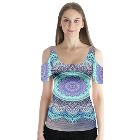 Folk Art Lotus Mandala Blue Turquoise Butterfly Sleeve Cutout Tee  by EDDArt