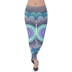 Folk Art Lotus Mandala Blue Turquoise Velvet Leggings by EDDArt