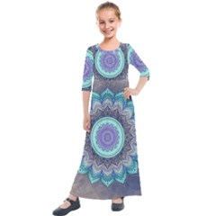 Folk Art Lotus Mandala Blue Turquoise Kids  Quarter Sleeve Maxi Dress