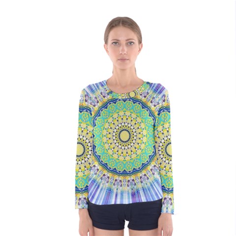 Power Mandala Sun Blue Green Yellow Lilac Women s Long Sleeve Tee by EDDArt