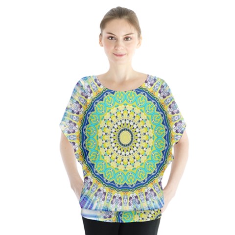 Power Mandala Sun Blue Green Yellow Lilac Blouse by EDDArt