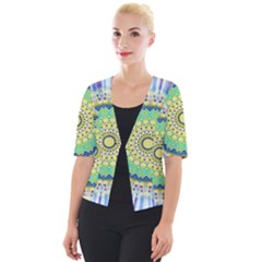 Power Mandala Sun Blue Green Yellow Lilac Cropped Button Cardigan by EDDArt