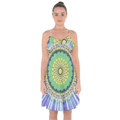 Power Mandala Sun Blue Green Yellow Lilac Ruffle Detail Chiffon Dress