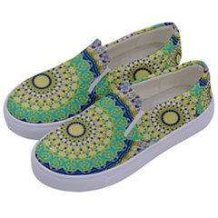 Power Mandala Sun Blue Green Yellow Lilac Kids  Canvas Slip Ons by EDDArt