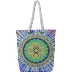 Power Mandala Sun Blue Green Yellow Lilac Full Print Rope Handle Tote (small) by EDDArt