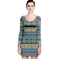 Vintage Border Wallpaper Pattern Blue Gold Long Sleeve Velvet Bodycon Dress by EDDArt