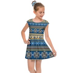 Vintage Border Wallpaper Pattern Blue Gold Kids Cap Sleeve Dress by EDDArt