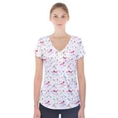 Watercolor Birds Magnolia Spring Pattern Short Sleeve Front Detail Top by EDDArt