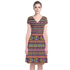 Traditional Africa Border Wallpaper Pattern Colored 2 Short Sleeve Front Wrap Dress by EDDArt