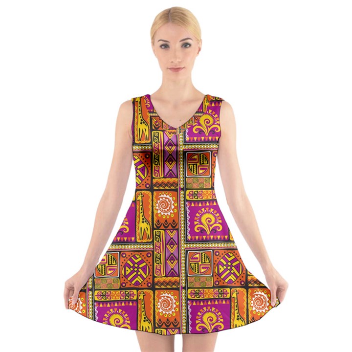 Traditional Africa Border Wallpaper Pattern Colored 3 V-Neck Sleeveless Dress