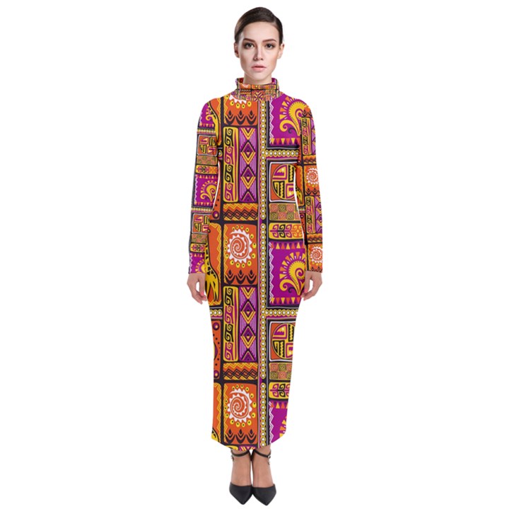 Traditional Africa Border Wallpaper Pattern Colored 3 Turtleneck Maxi Dress