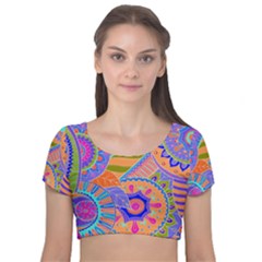 Pop Art Paisley Flowers Ornaments Multicolored 3 Velvet Short Sleeve Crop Top  by EDDArt