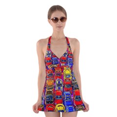 Colorful Toy Racing Cars Halter Dress Swimsuit 