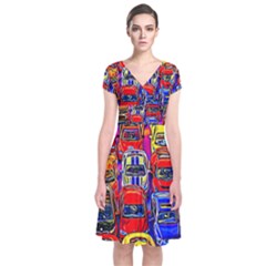 Colorful Toy Racing Cars Short Sleeve Front Wrap Dress