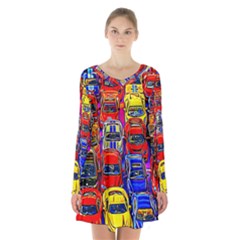 Colorful Toy Racing Cars Long Sleeve Velvet V-neck Dress