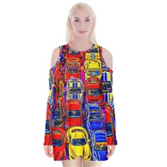 Colorful Toy Racing Cars Velvet Long Sleeve Shoulder Cutout Dress