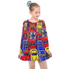 Colorful Toy Racing Cars Kids  Long Sleeve Dress