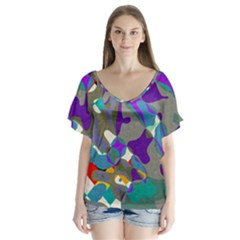 Blue purple shapes                                     V-Neck Flutter Sleeve Top